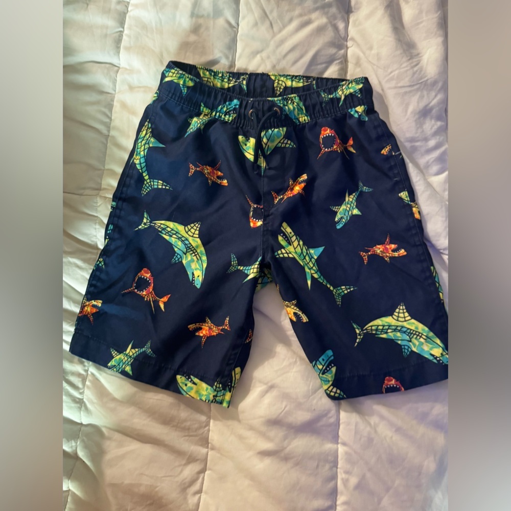 Lands' End Boys Blue and Yellow Shark Print Swim Shorts